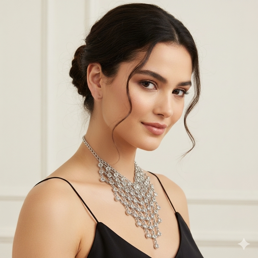 Silver Crystal Bib Necklace for Women